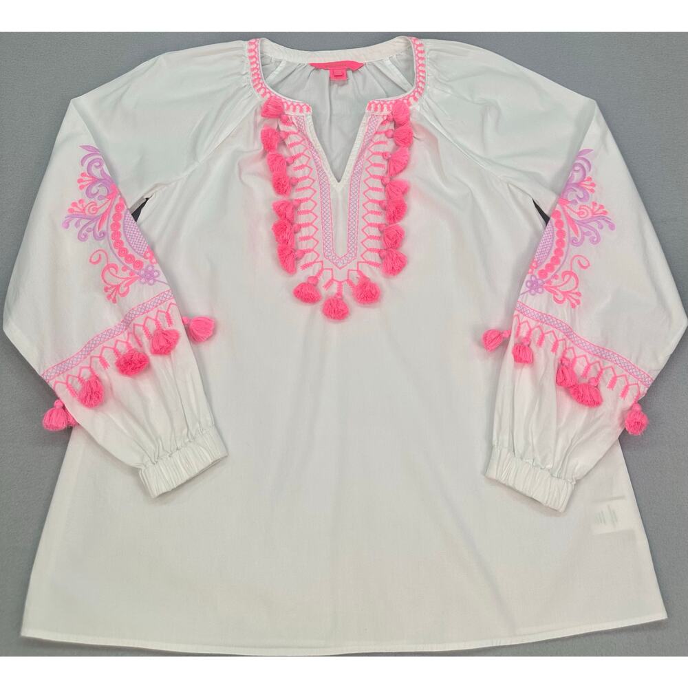 NWOT Lilly Pulitzer Kaydence Tunic Top Resort White Pink Tassel Trim Size XXS - Picture 5 of 11